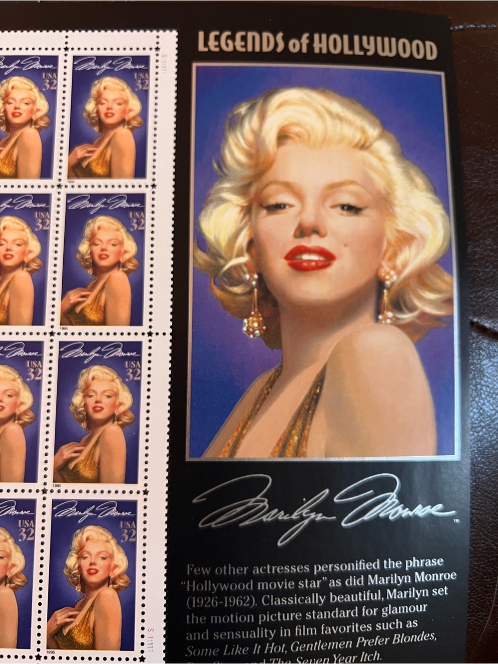 Marilyn Monroe USPS Hollywood Legends Stamp Sheet in decorative sleeve
